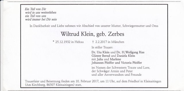 Zerbes Wiltrud 1932-2017 Todesanzeige